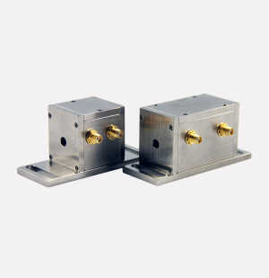 Two Conoptics high-frequency phase modulators side by side, showing their SMA drive inputs